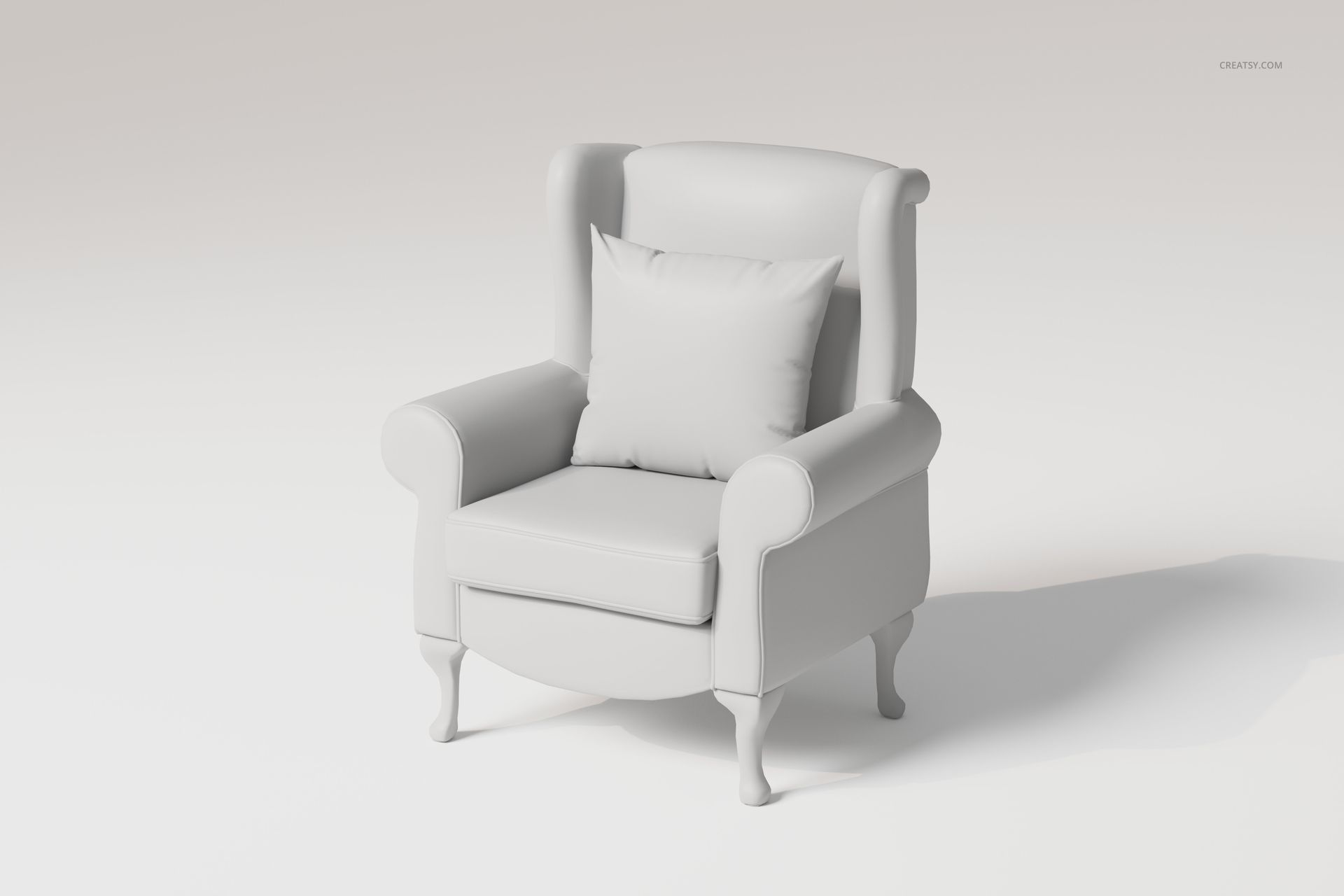 Front view of a rolled arm wing chair 3D model in a light gray color, featuring a matching cushion on the seat.