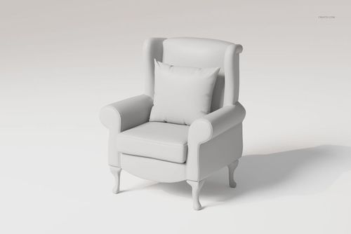 Front view of a rolled arm wing chair 3D model in a light gray color, featuring a matching cushion on the seat.