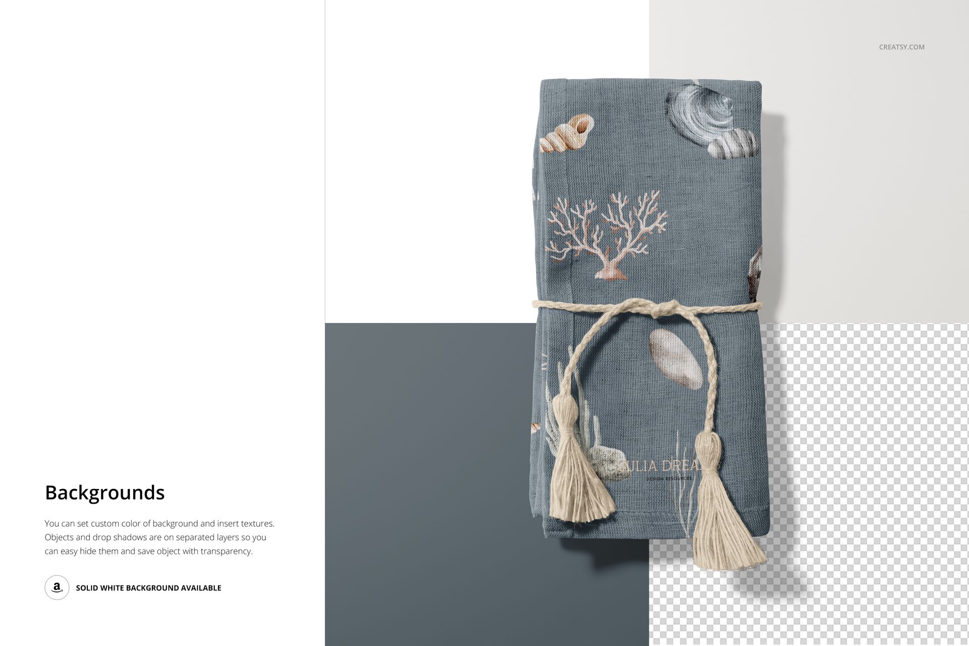 Cotton linen napkin mockup featuring marine motifs and beige tassel tie, displayed from above on mixed color backgrounds.