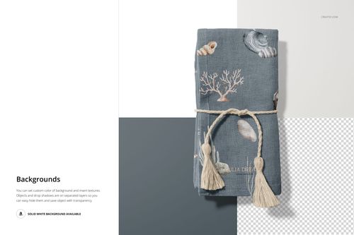 Cotton linen napkin mockup featuring marine motifs and beige tassel tie, displayed from above on mixed color backgrounds.