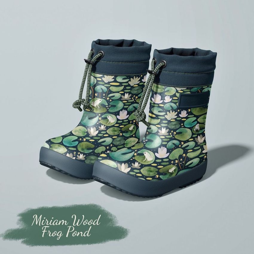 Rain boots mockup featuring a pair of children's boots with a green lily pad and frog pattern on a light gray background.