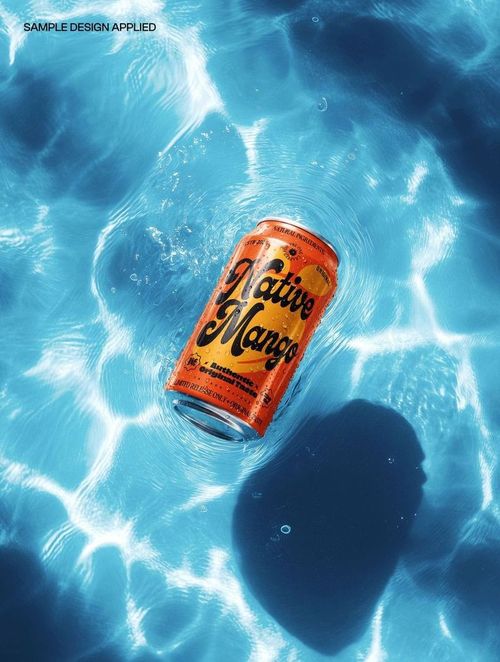 PSD mockup of a soda can with vibrant orange design drifting on sunlit water, viewed from a top perspective.