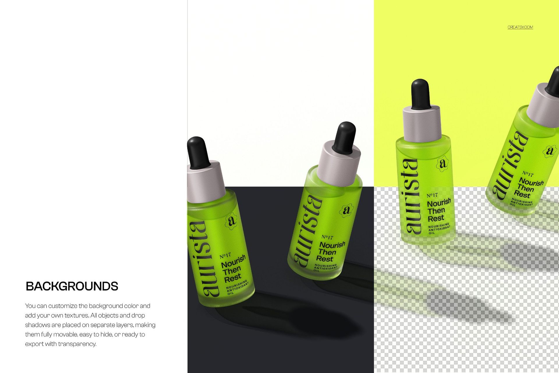 Four tilted green serum bottles with black droppers arranged diagonally in sunlight, shown on a PSD mockup background.
