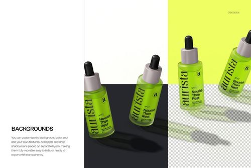 Four tilted green serum bottles with black droppers arranged diagonally in sunlight, shown on a PSD mockup background.