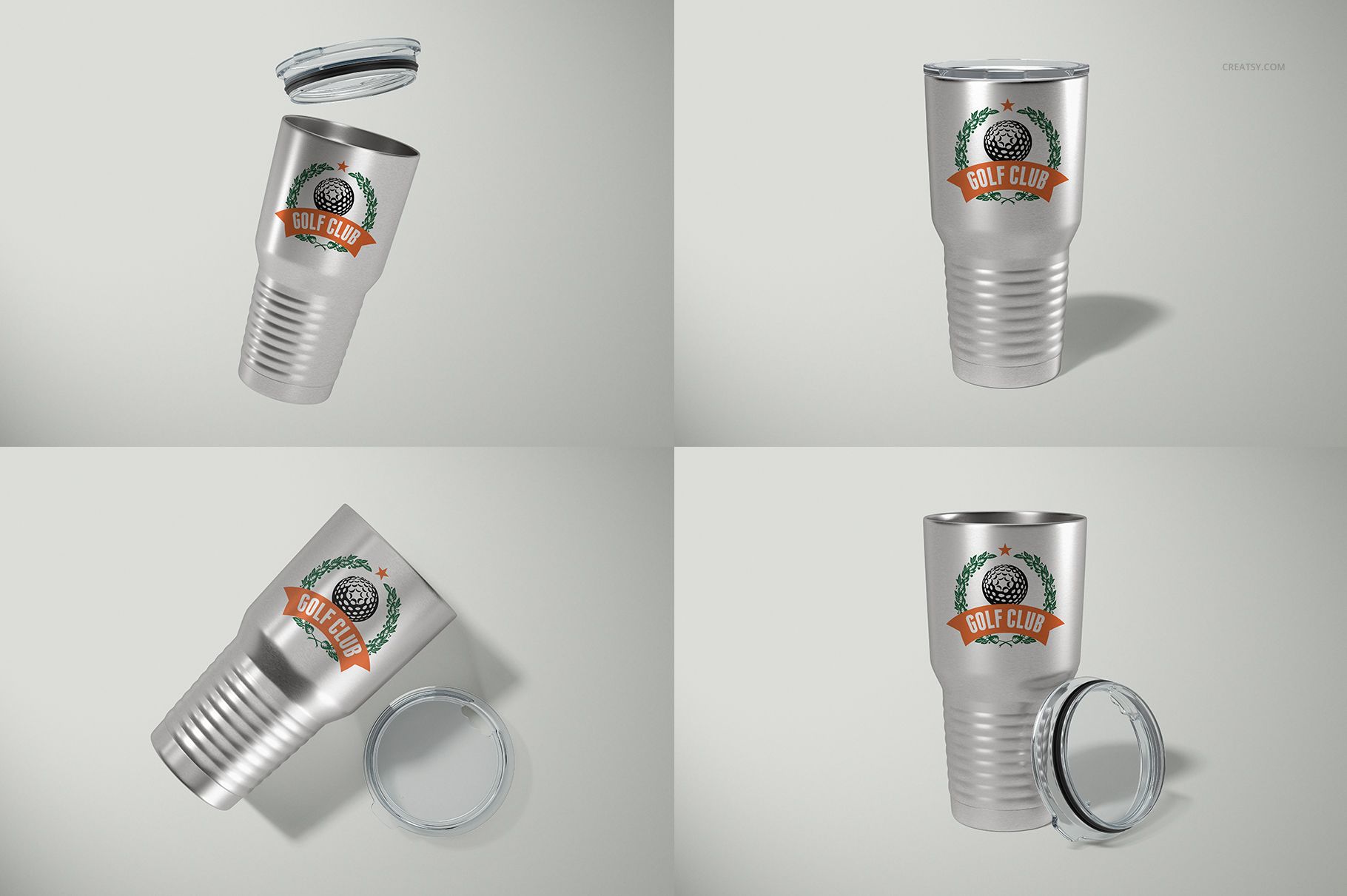PSD mockup showing a metallic ringneck tumbler and clear lid, presented in multiple perspectives with a sports logo.