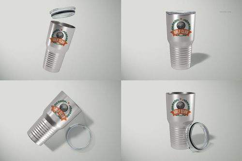 PSD mockup showing a metallic ringneck tumbler and clear lid, presented in multiple perspectives with a sports logo.