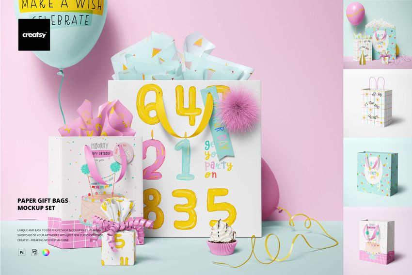 Paper bags mockup featuring pastel gift bags, tissue paper, ribbons, pom-poms, and cupcakes in a cheerful celebration scene.