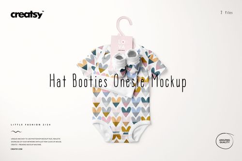 Front view of a baby onesie, booties, and hat mockup with a pastel heart pattern, displayed on a light background.
