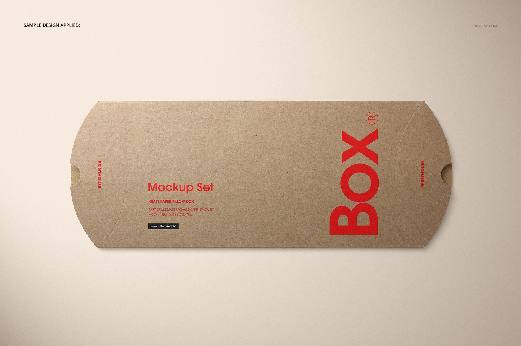 Kraft paper pillow box mockup displayed flat, featuring red text and a simple, minimal design on the surface.