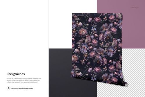 Non-woven vinyl wallpaper mockup featuring a rolled sheet with a dark floral and bird design, set against four color blocks.