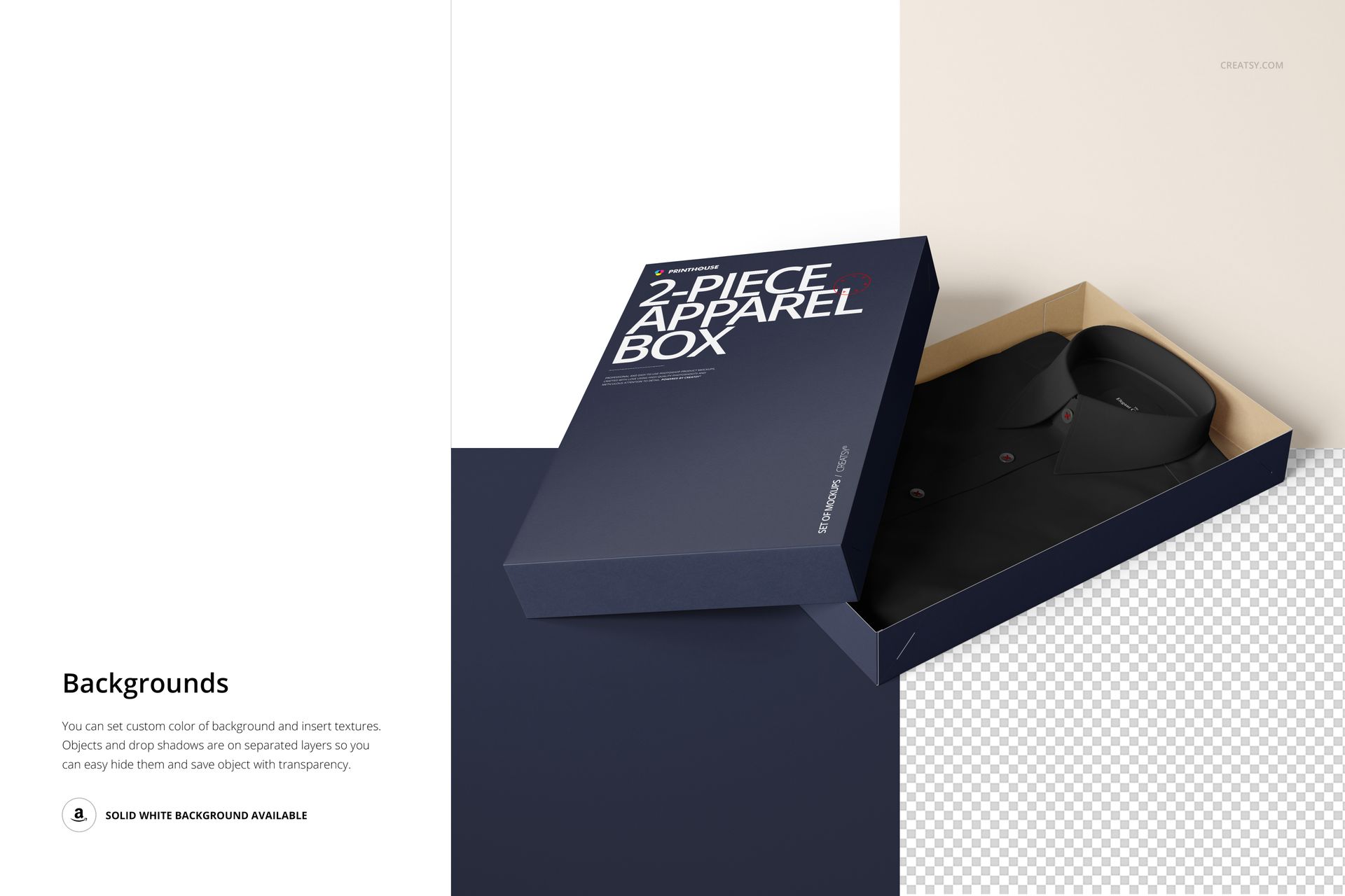 Navy blue two-piece apparel box mockup with lid partially open, revealing a folded black dress shirt inside, top view.