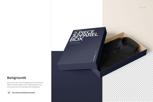 Navy blue two-piece apparel box mockup with lid partially open, revealing a folded black dress shirt inside, top view.