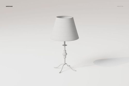 Wireframe view of a retro bedside lamp 3D model with a conical shade and ornate stand on a light background.