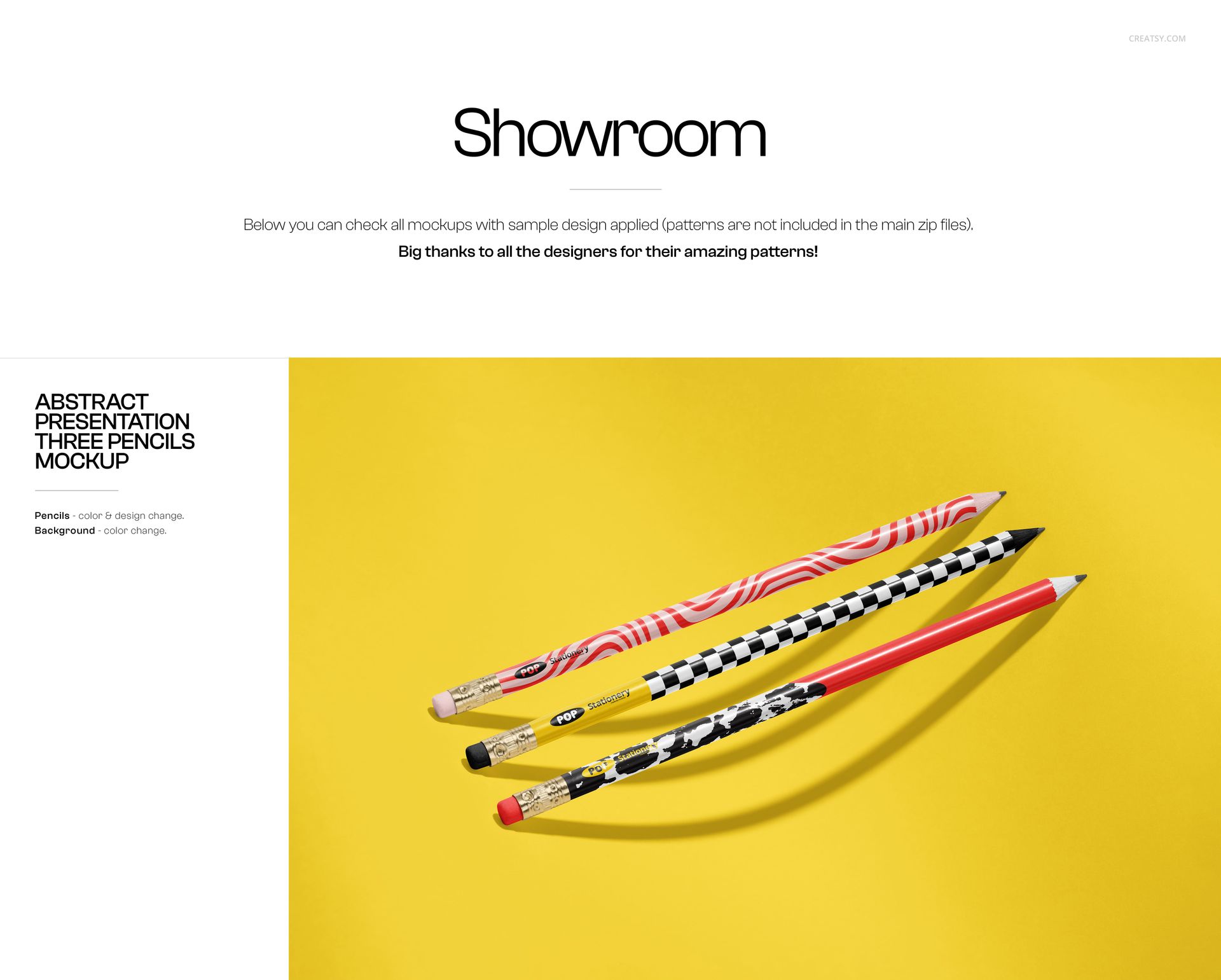 Three patterned pencils arranged diagonally on a vibrant yellow background, viewed from above.