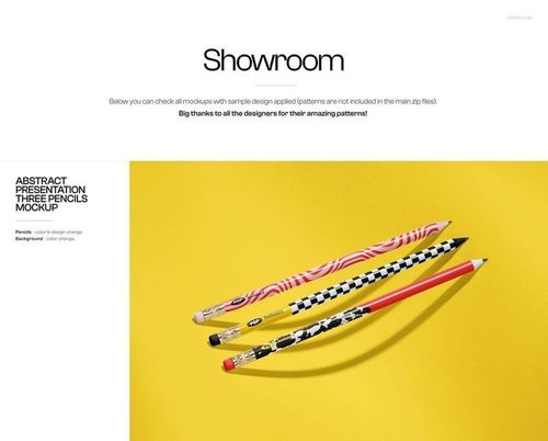 Three patterned pencils arranged diagonally on a vibrant yellow background, viewed from above.