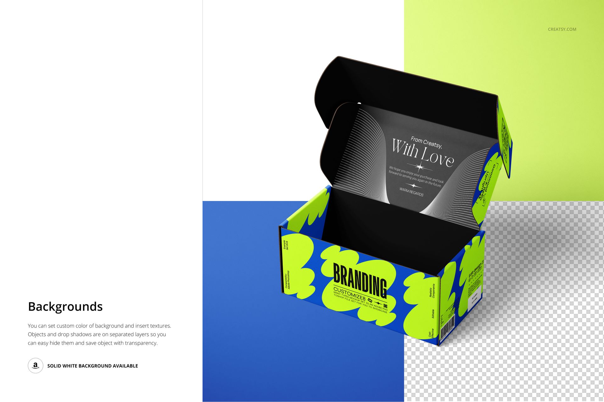 Open mailer box mockup with bold blue and green design, displayed on a split-color background from a front angle.