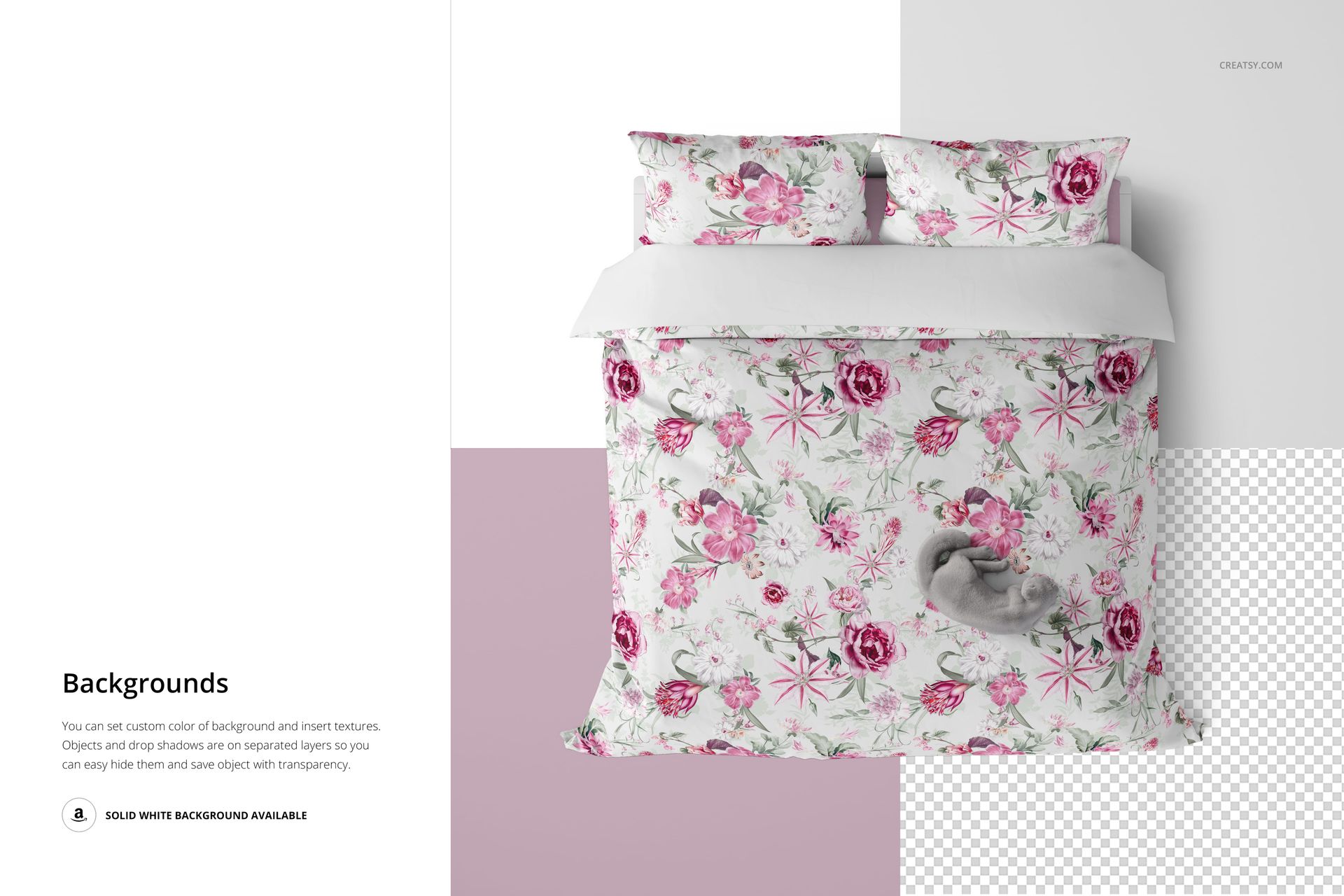 Front view of a bedding set mockup with duvet and two pillows featuring pink floral patterns on a white background.
