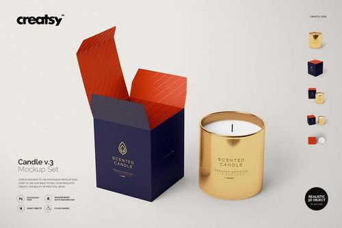 Metallic candle and matching box mockup set shown from a front angle on a light background, with lid off.