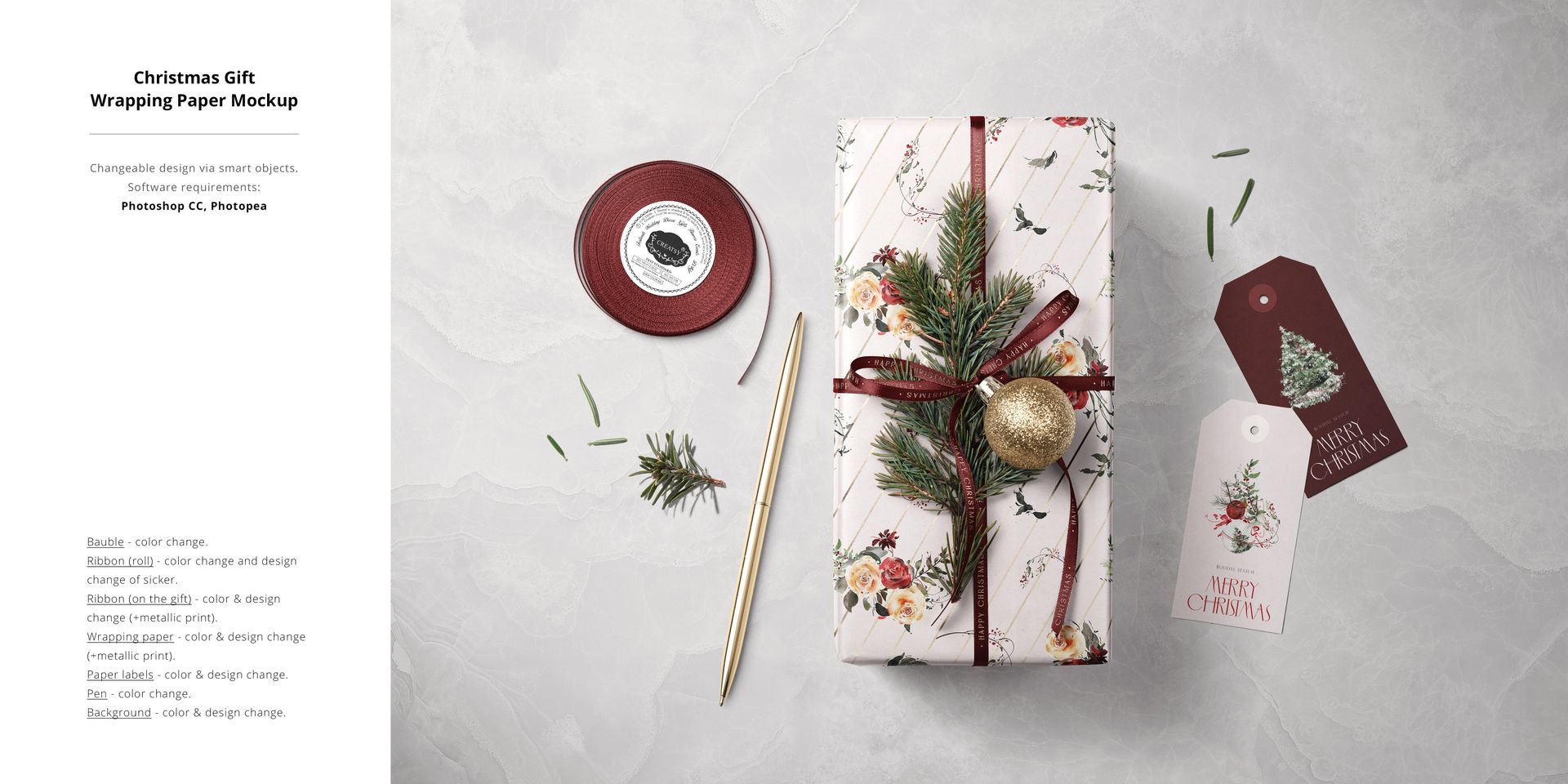 Holiday mockup featuring a wrapped gift, pine sprig, gold bauble, ribbon roll, and Christmas-themed gift tags.