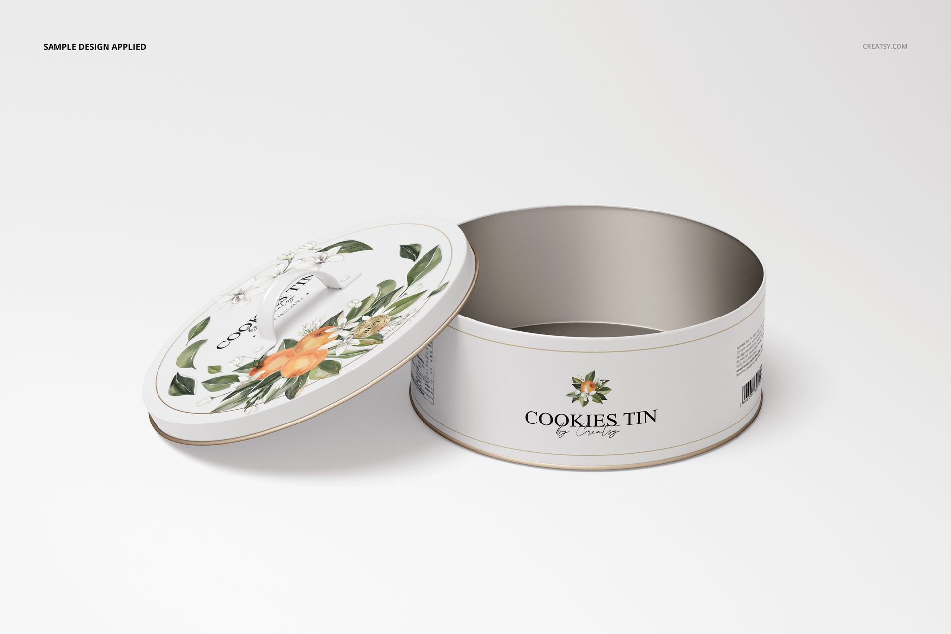 Open round cookie tin mockup with botanical design on lid and side, shown from a front angle on a plain background.