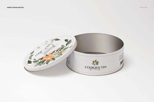 Open round cookie tin mockup with botanical design on lid and side, shown from a front angle on a plain background.