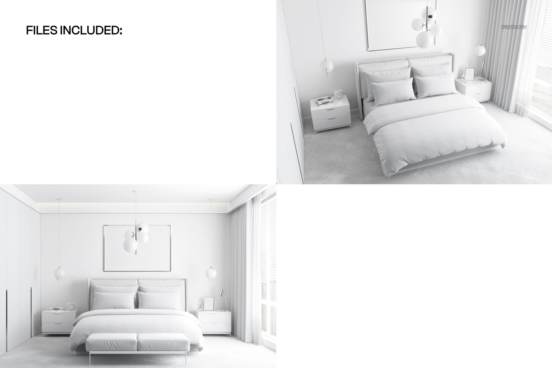 Contemporary bedroom mockup featuring king size bed linens, bedside tables, and pendant lights in soft tones.