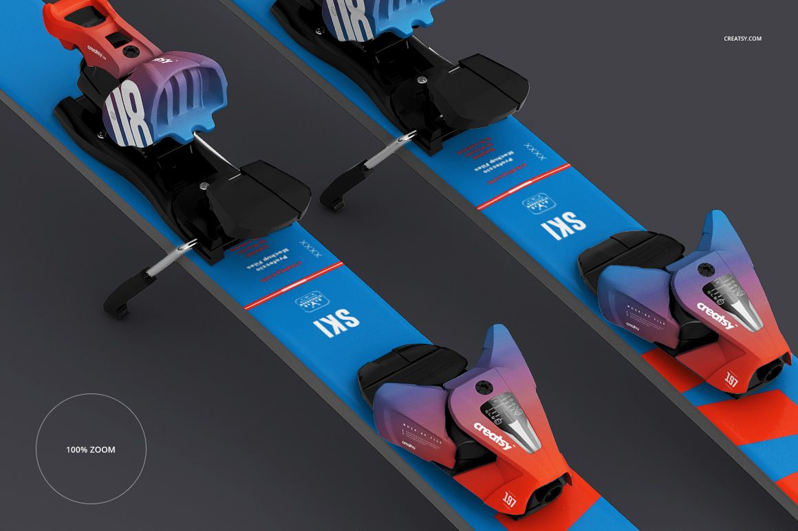 Ski PSD mockup displaying two sports skis with multicolored bindings and blue tops, viewed from a top perspective.