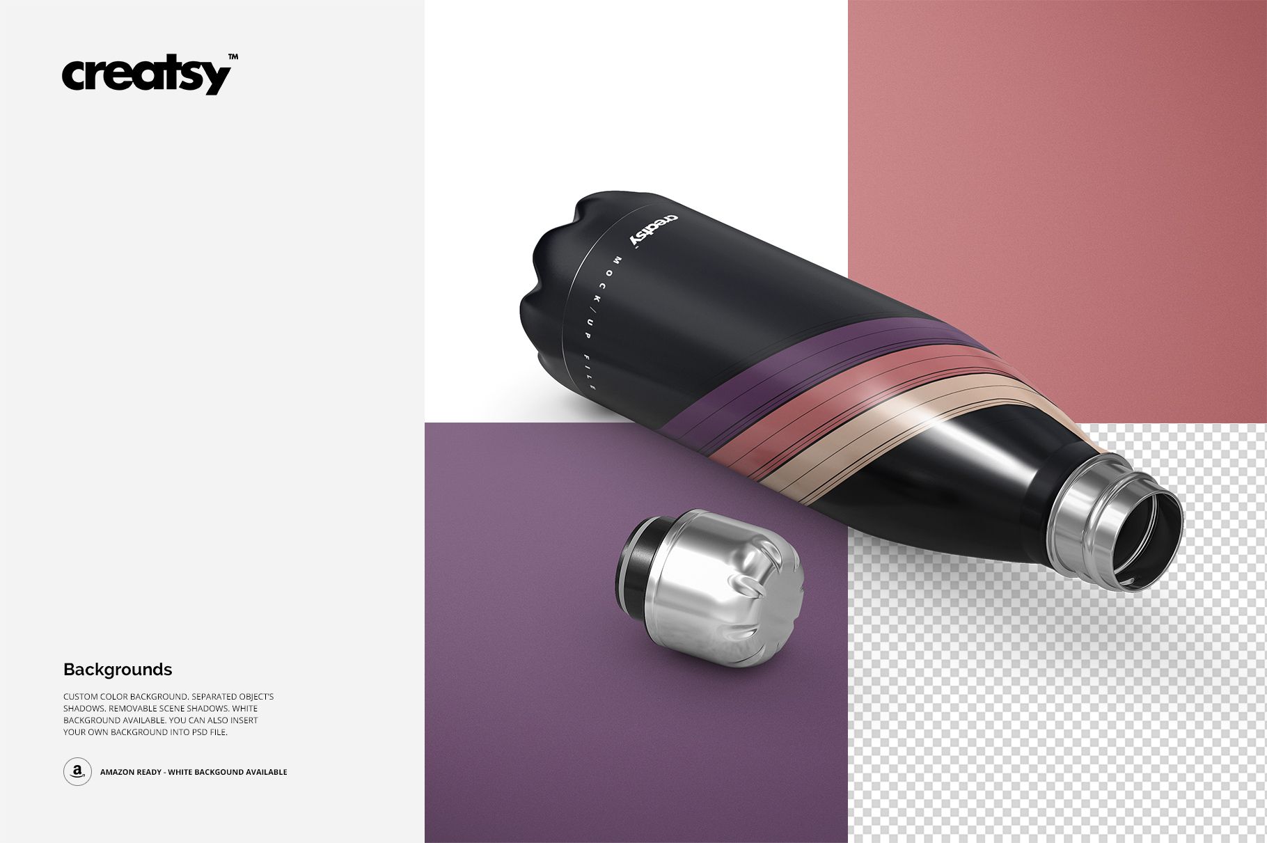 Double wall vacuum water bottle mockup featuring a black bottle with horizontal stripes, silver cap removed, on color block backdrop.