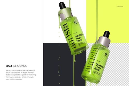 Front view of two green serum dropper bottles with running drops, displayed on a split-color background in a mockup scene.