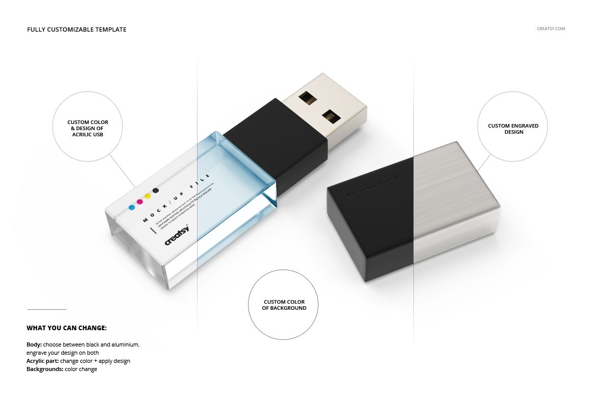 Acrylic USB drive mockup featuring a transparent acrylic section and a black cap, displayed on a white background.