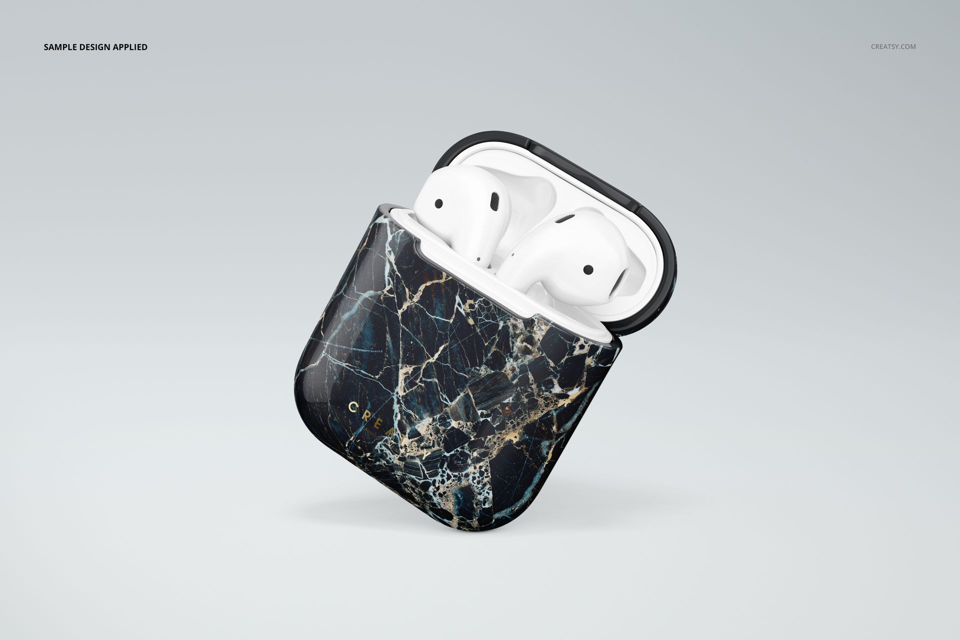 Front-facing AirPods case mockup featuring a dark marble design, open to display the white earbuds inside.
