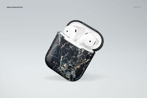 Front-facing AirPods case mockup featuring a dark marble design, open to display the white earbuds inside.