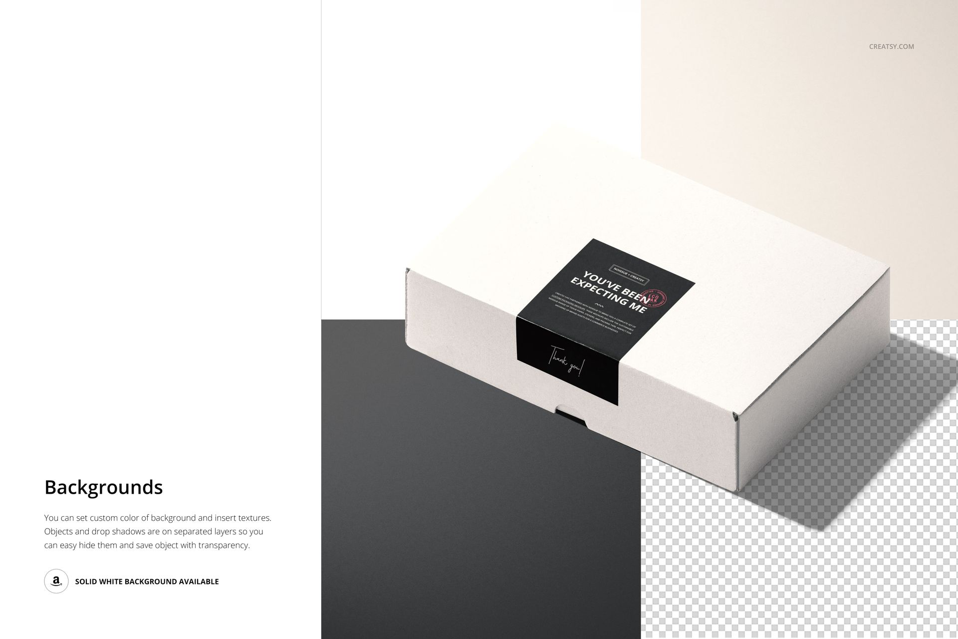 Mailing box mockup with a dark sticker label, presented in a three-quarter view on contrasting backgrounds.