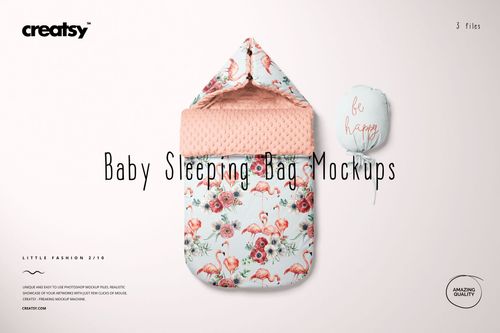 Front view of a baby sleeping bag mockup with a pink quilted interior and floral flamingo pattern, next to a round pillow.