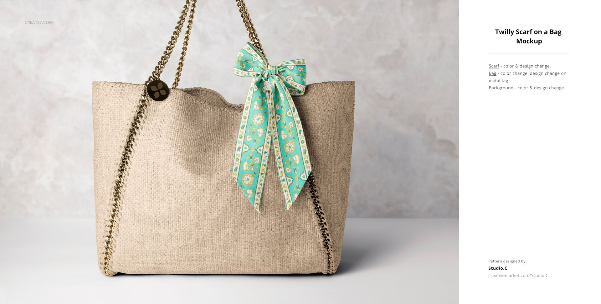 Beige textured tote bag with gold chain straps and a green floral silk scarf, shown in a PSD mockup scene.