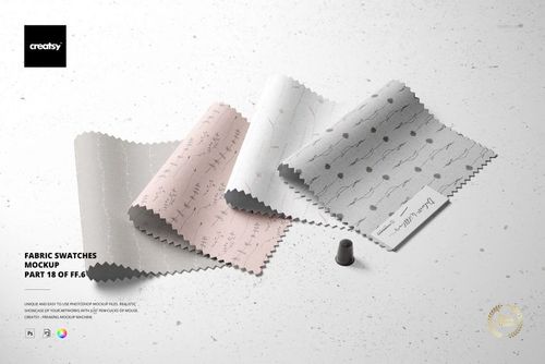 Fabric swatches mockup displaying four pieces with zigzag edges in soft pink, white, and gray, viewed from above.