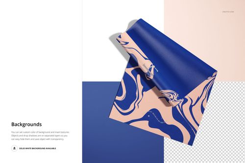 Yoga mat mockup featuring a rolled mat with abstract blue and beige pattern, displayed on color block backgrounds.