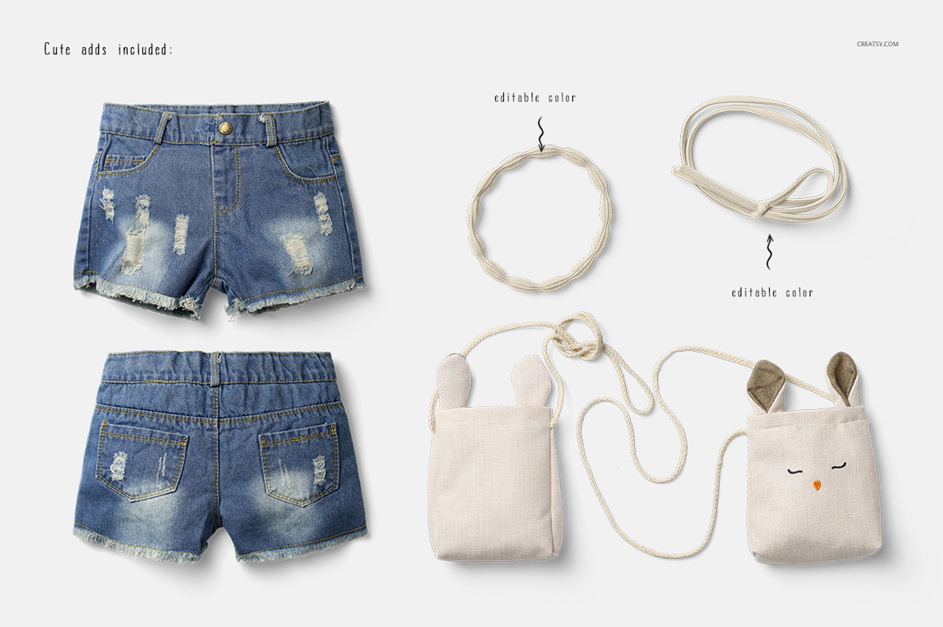 Baby summer set mockup featuring denim shorts, a headband, and two small animal-themed bags on a white background.