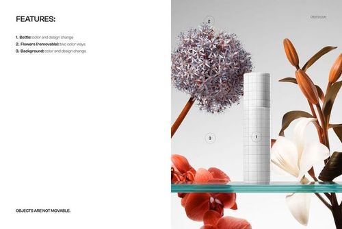 Front view of a cosmetic bottle mockup standing on a glass surface, surrounded by pastel flowers and a light background.