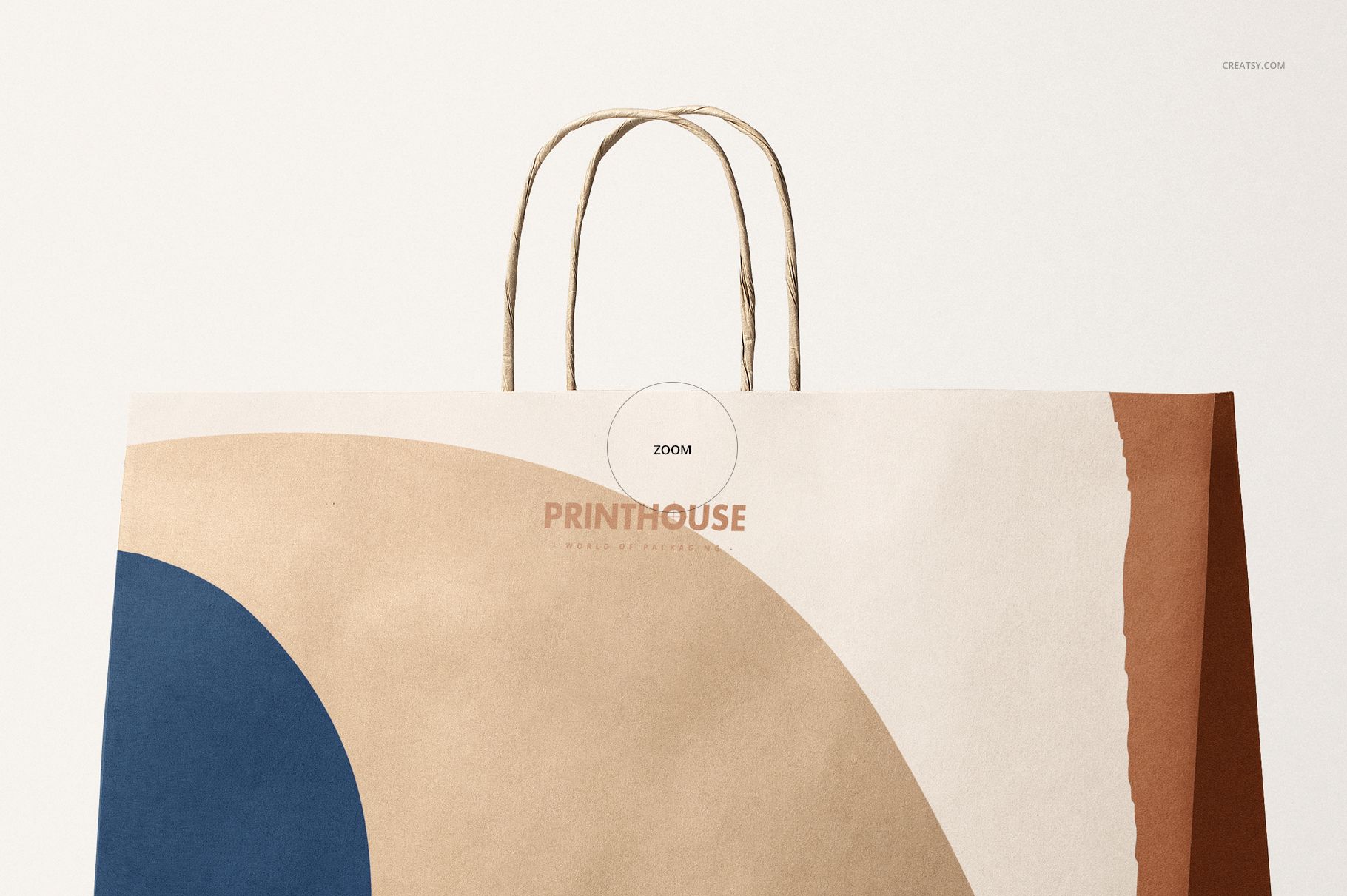 Kraft paper shopping bag mockup with curved blue and tan patterns, shown from the front against a light background.