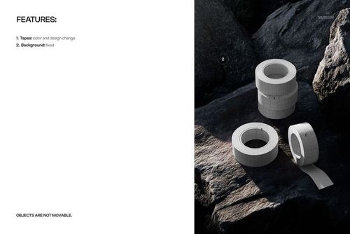 PSD mockup featuring multiple tape rolls with a white grid design displayed on rugged outdoor rocks.