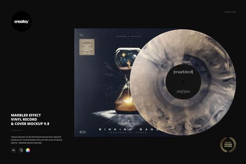 PSD mockup showing a marbled vinyl record with swirling beige and gray tones, partially covering a music album sleeve.