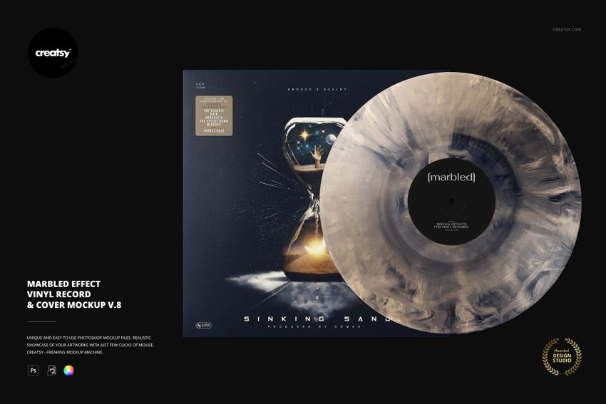 PSD mockup showing a marbled vinyl record with swirling beige and gray tones, partially covering a music album sleeve.