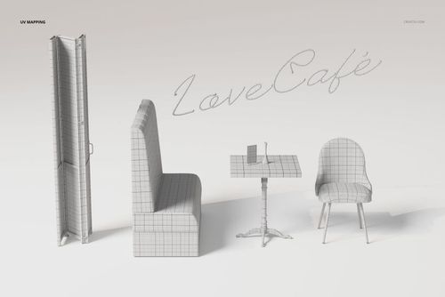 Faux leather cafe furniture set including a booth, table, chair, and partition, shown in a front view with grid texture.