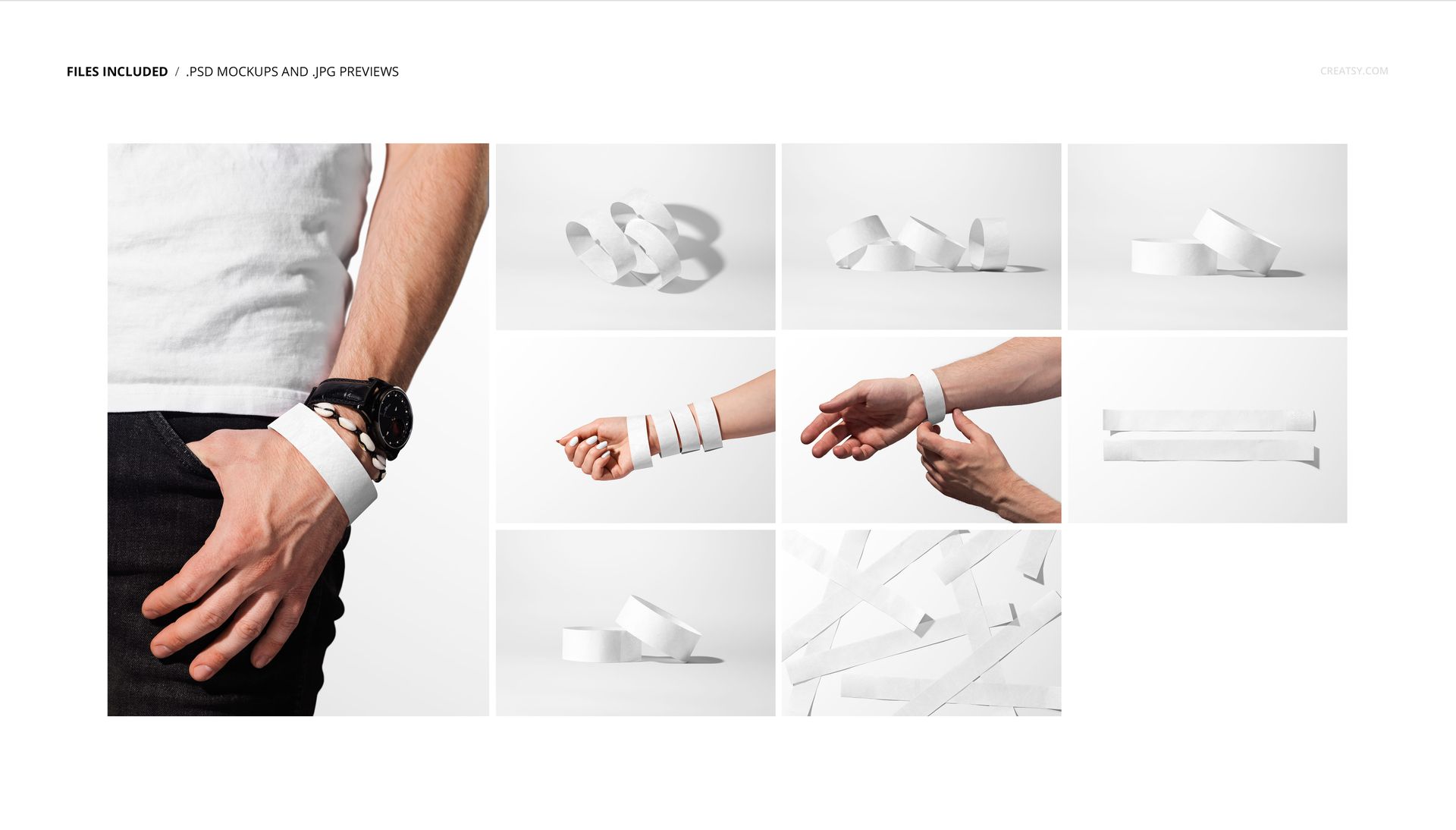 Paper wristband mockup set featuring white wristbands on a person's wrist and arranged on a white background.