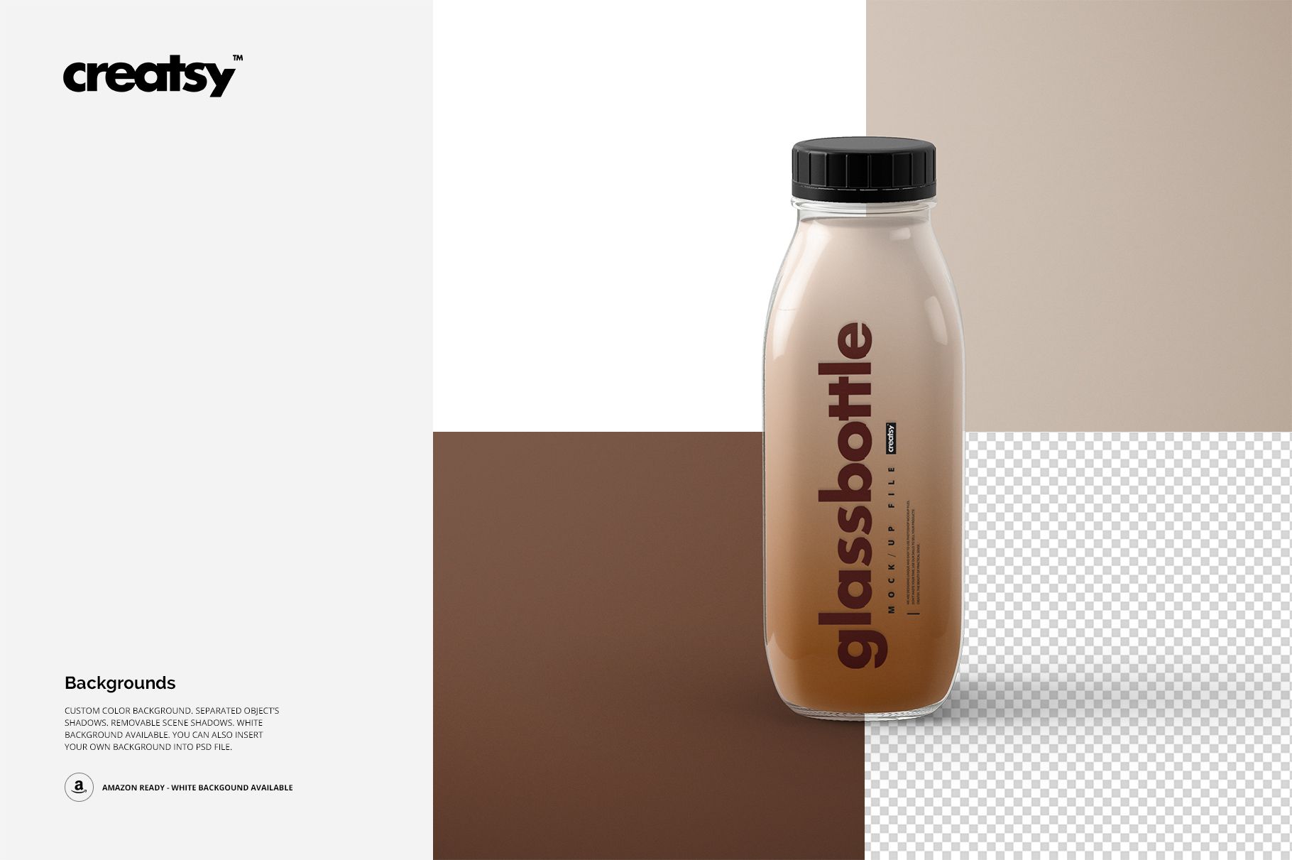 Front view of a clear glass bottle mockup with dark lid and label, displayed against brown and white panels.