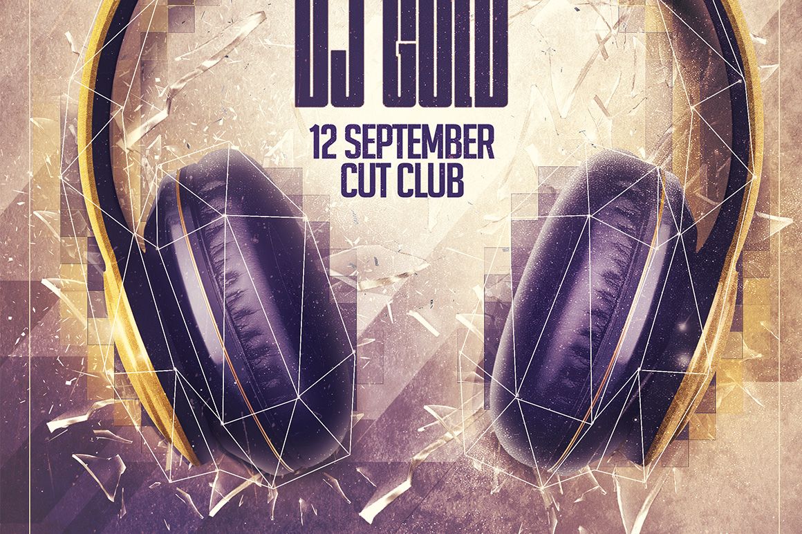 Poster mockup displaying gold headphones on a textured background with shattered glass accents and event information.