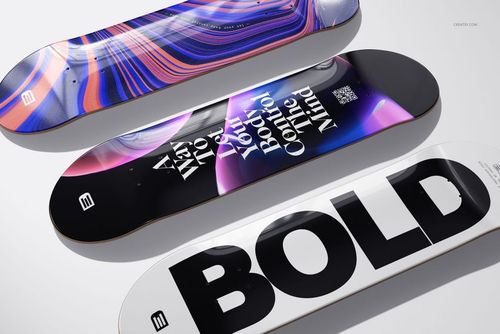 PSD mockup of epoxy coated skateboard decks arranged side by side, showcasing abstract and typographic designs.