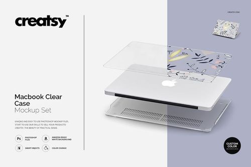 Clear plastic case mockup shown above a silver MacBook with a floral design insert, displayed on a white background.
