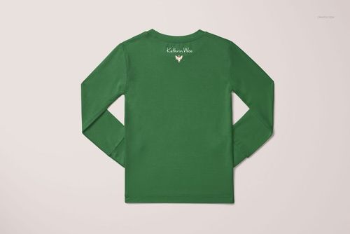 Green long-sleeve toddler pajama top mockup shown from the back on a light background, featuring a small logo near the neckline.